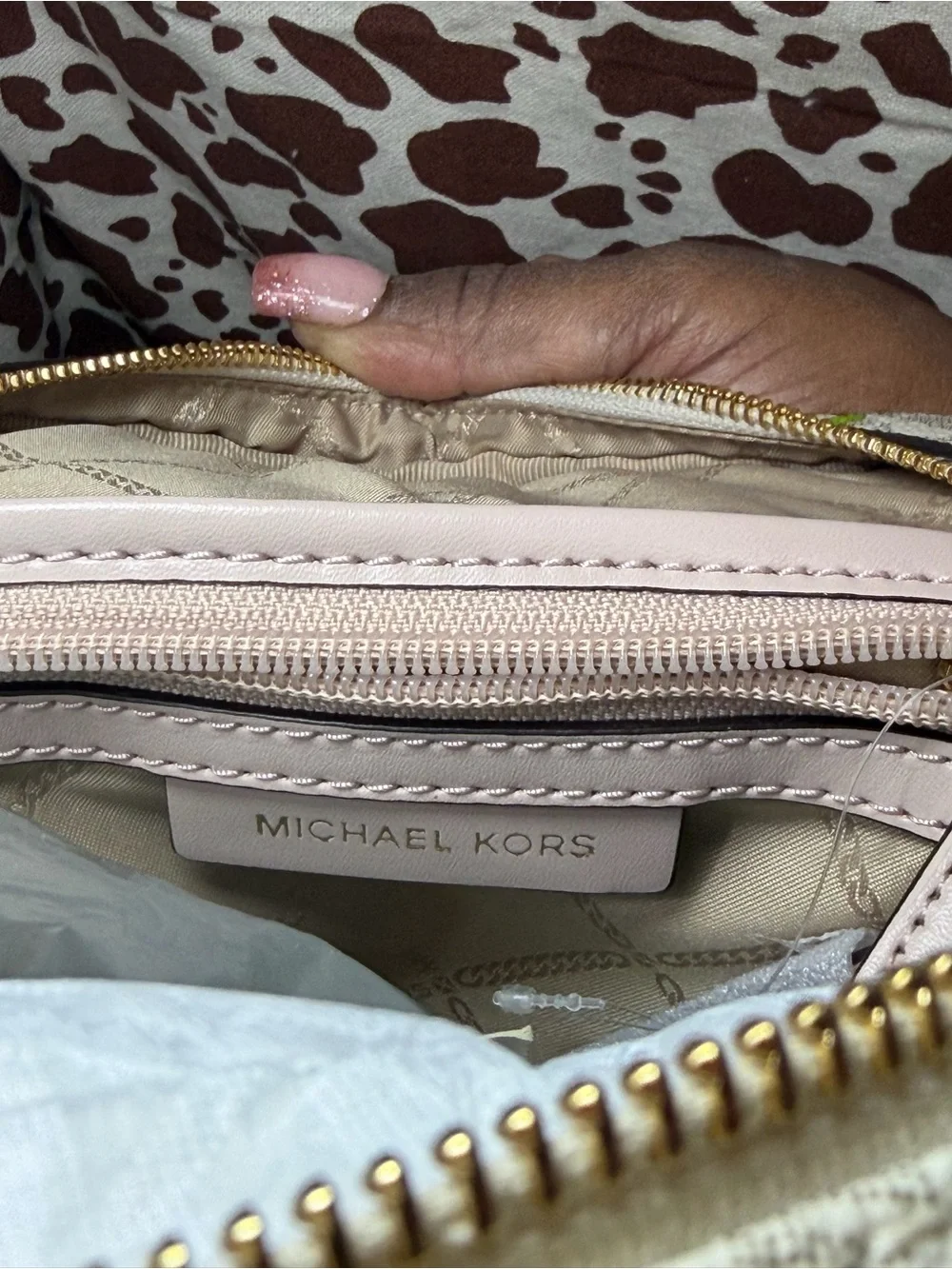 Michael Kors Beige MK Monogram Backpack with Tan Trim